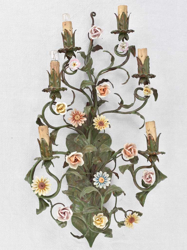 Wall sconces, tole with porcelain flowers 28", two