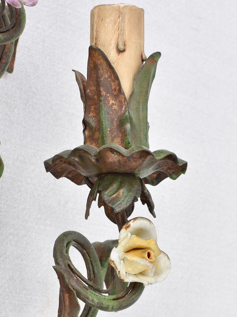 Wall sconces, tole with porcelain flowers 28", two