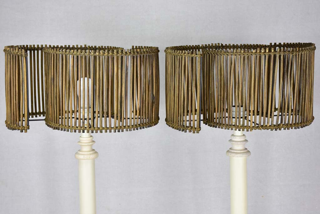 Pair of vintage lamps with rattan shades and column stands - travertine and wood 30"