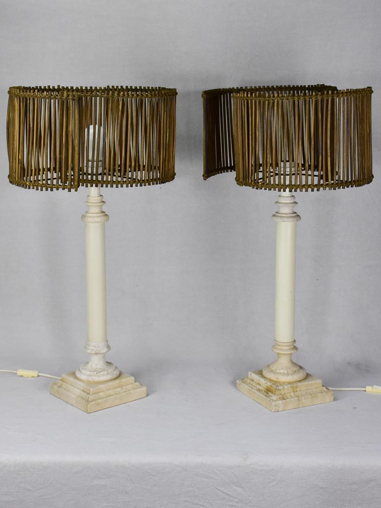 Pair of vintage lamps with rattan shades and column stands - travertine and wood 30"