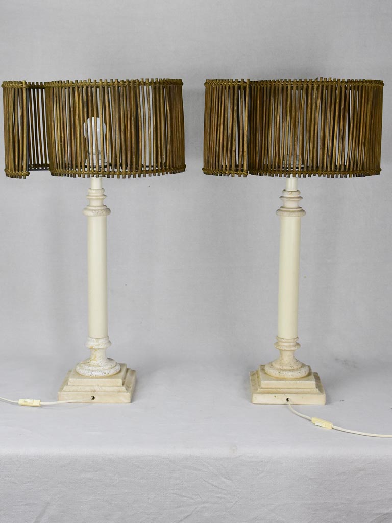 Pair of vintage lamps with rattan shades and column stands - travertine and wood 30"