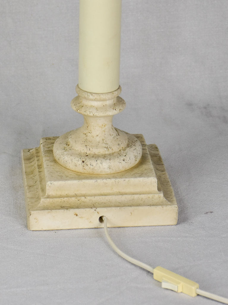 Pair of vintage lamps with rattan shades and column stands - travertine and wood 30"