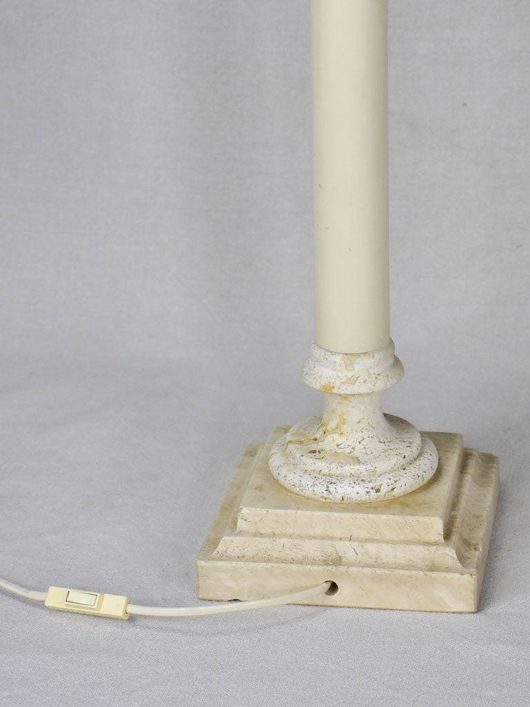 Pair of vintage lamps with rattan shades and column stands - travertine and wood 30"