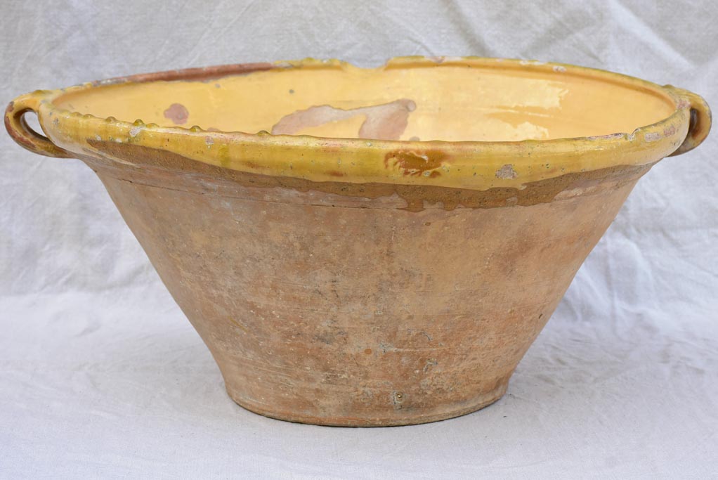 Large antique French tian cooking bowl with yellow glaze 21¾"