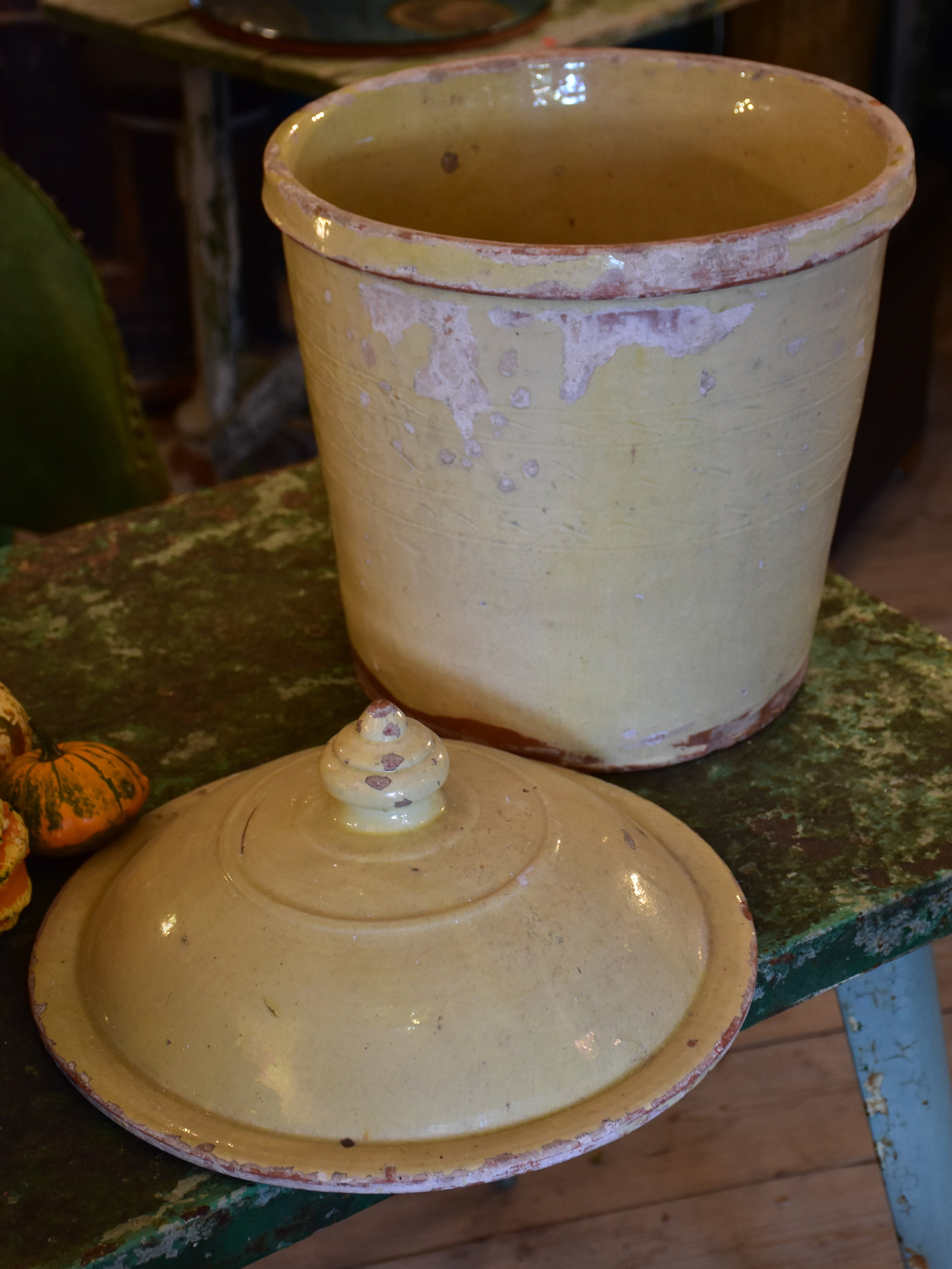 Large French terracotta pot with original lid