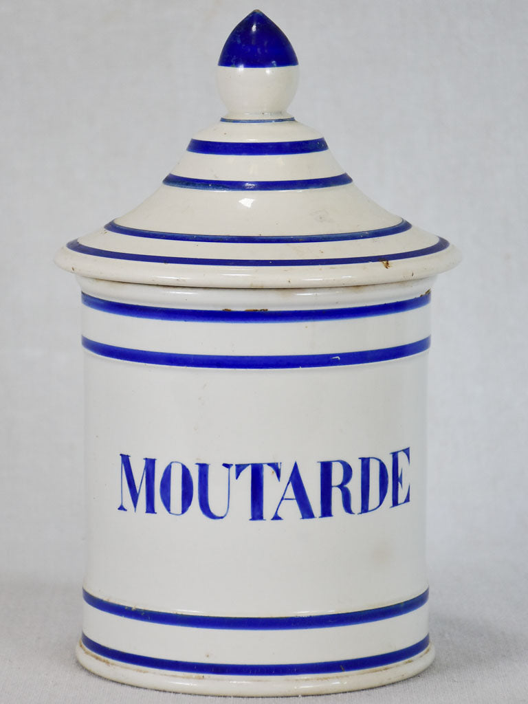 Antique French mustard pot with lid - blue and white 10¾"