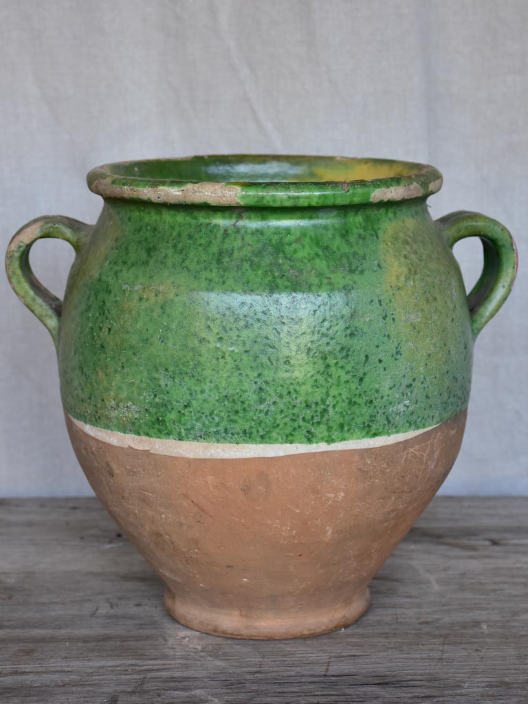 Antique French confit pot with green glaze 11"