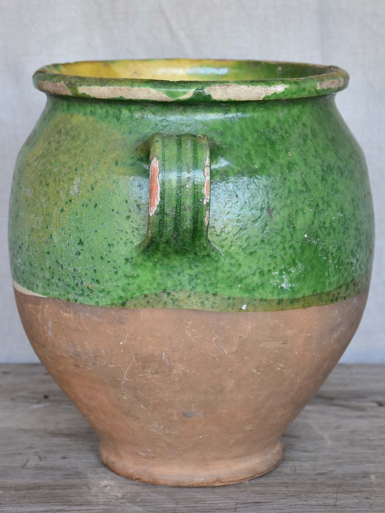 Antique French confit pot with green glaze 11"