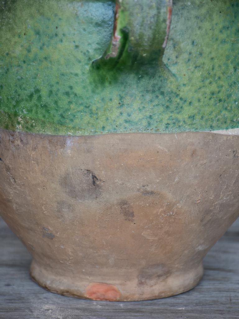 Antique French confit pot with green glaze 11"