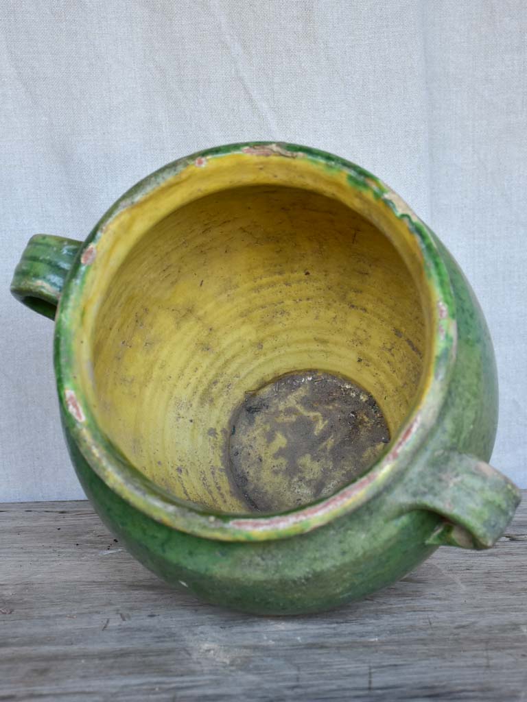 Antique French confit pot with green glaze 11"