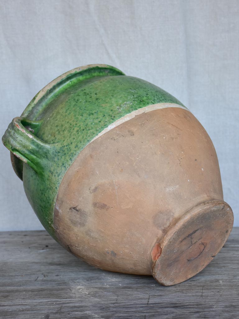 Antique French confit pot with green glaze 11"