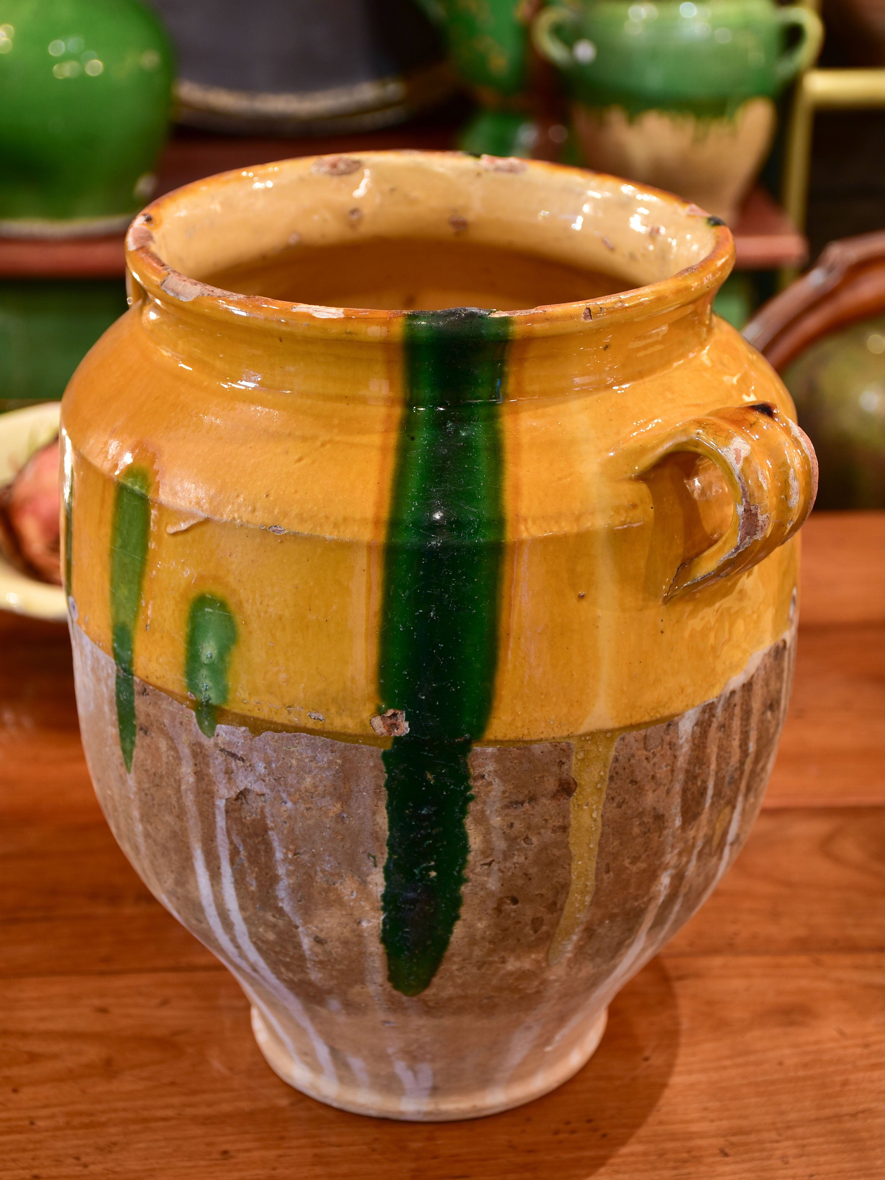 Large antique French confit pot with orange glaze