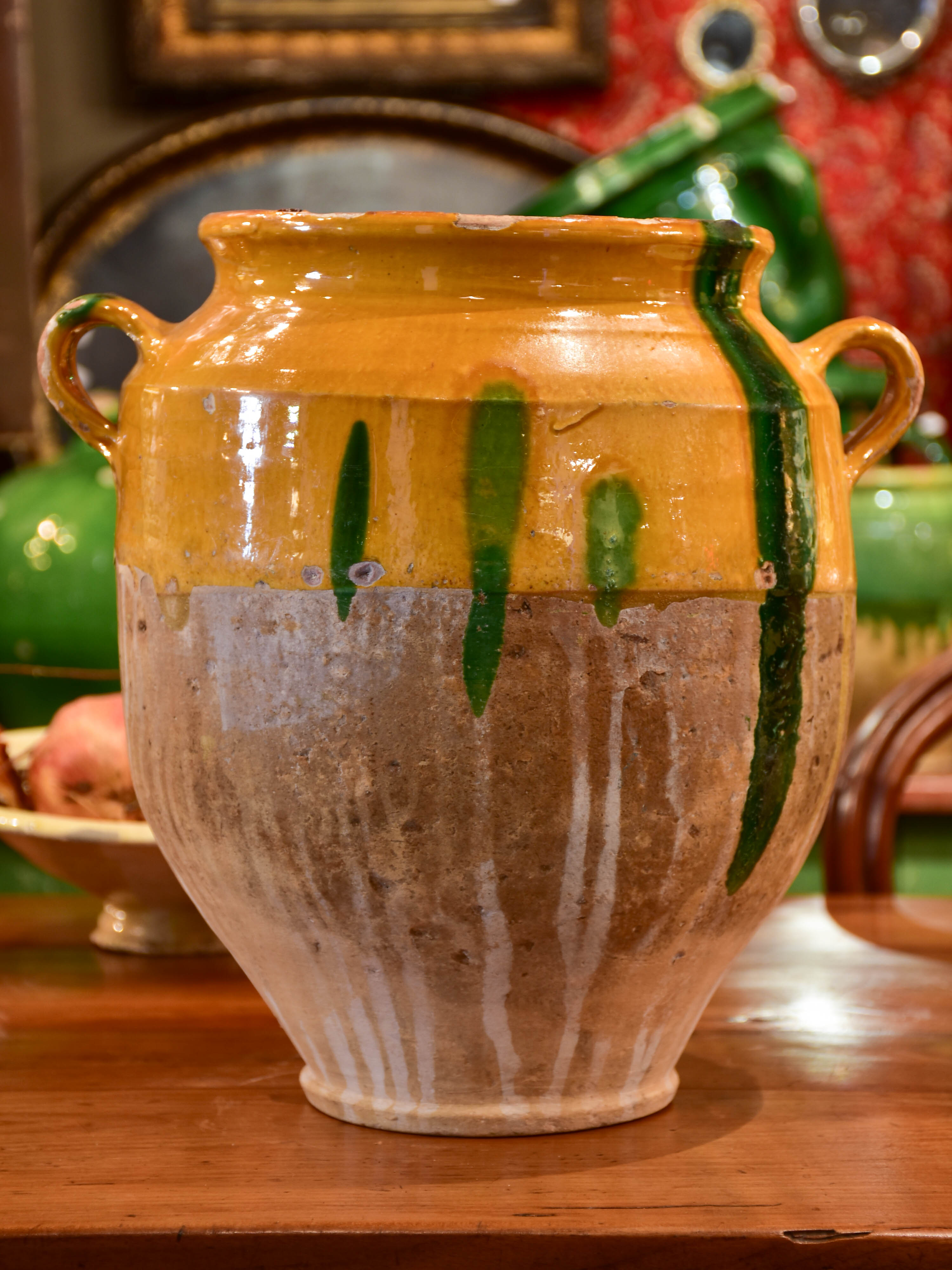 Large antique French confit pot with orange glaze