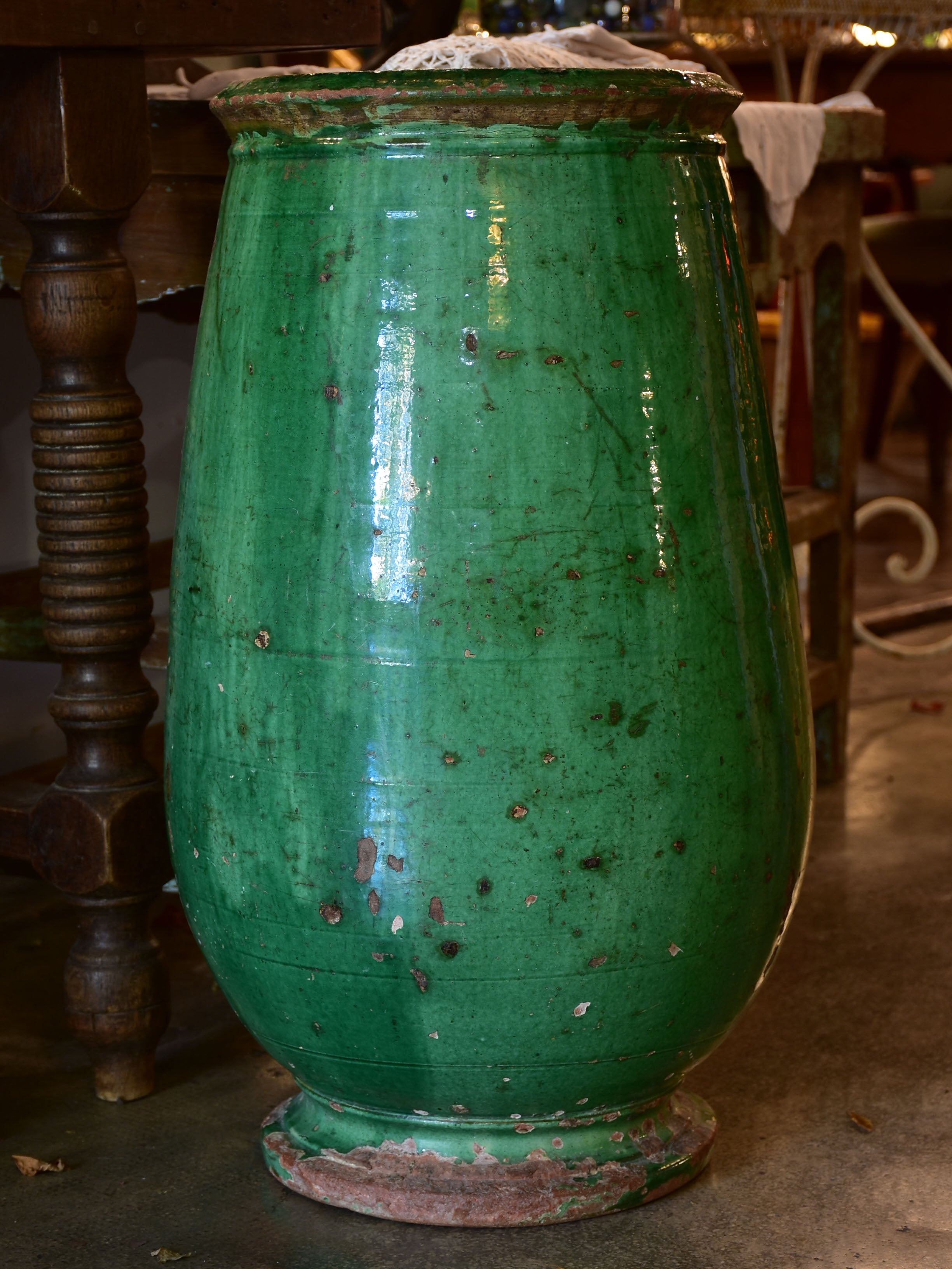 Tall French olive jar with green glaze