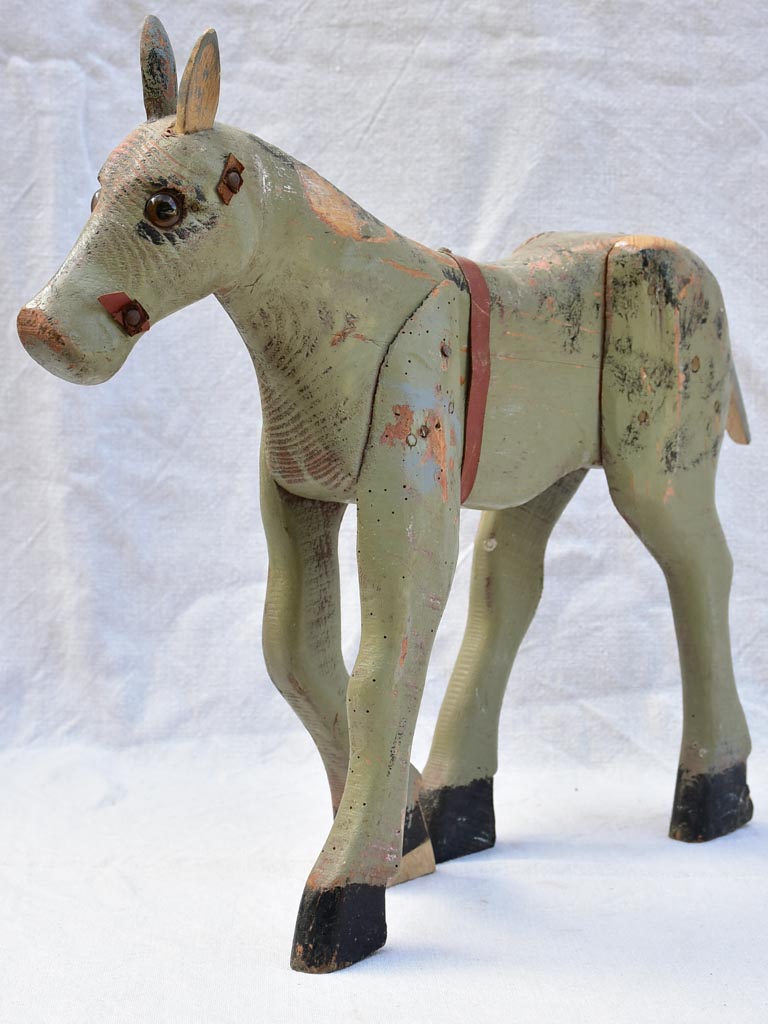 Rustic antique French toy horse with sage green patina 18"