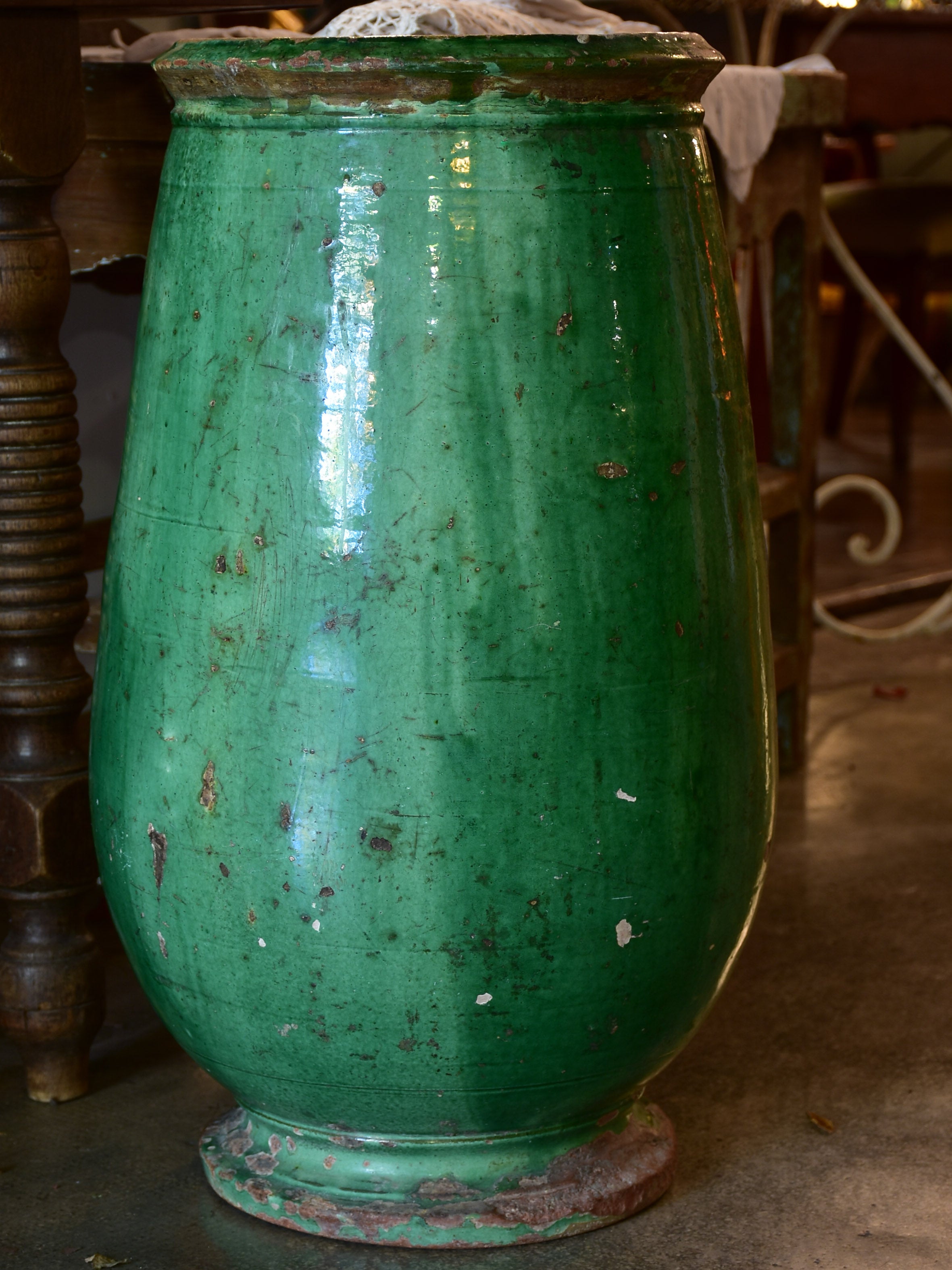 Tall French olive jar with green glaze