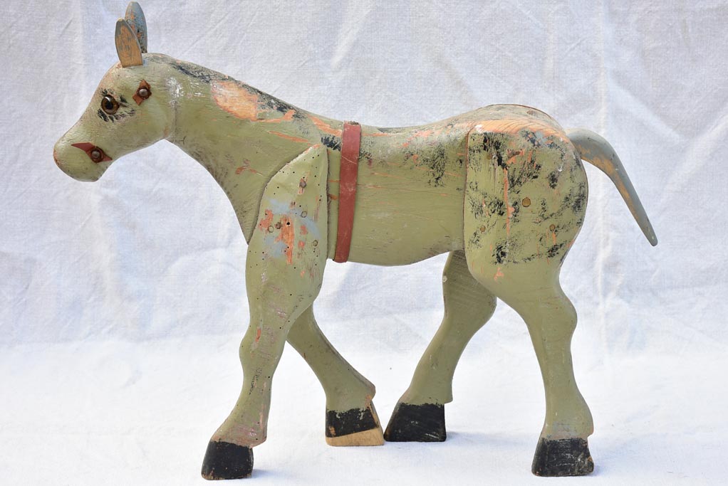 Rustic antique French toy horse with sage green patina 18"