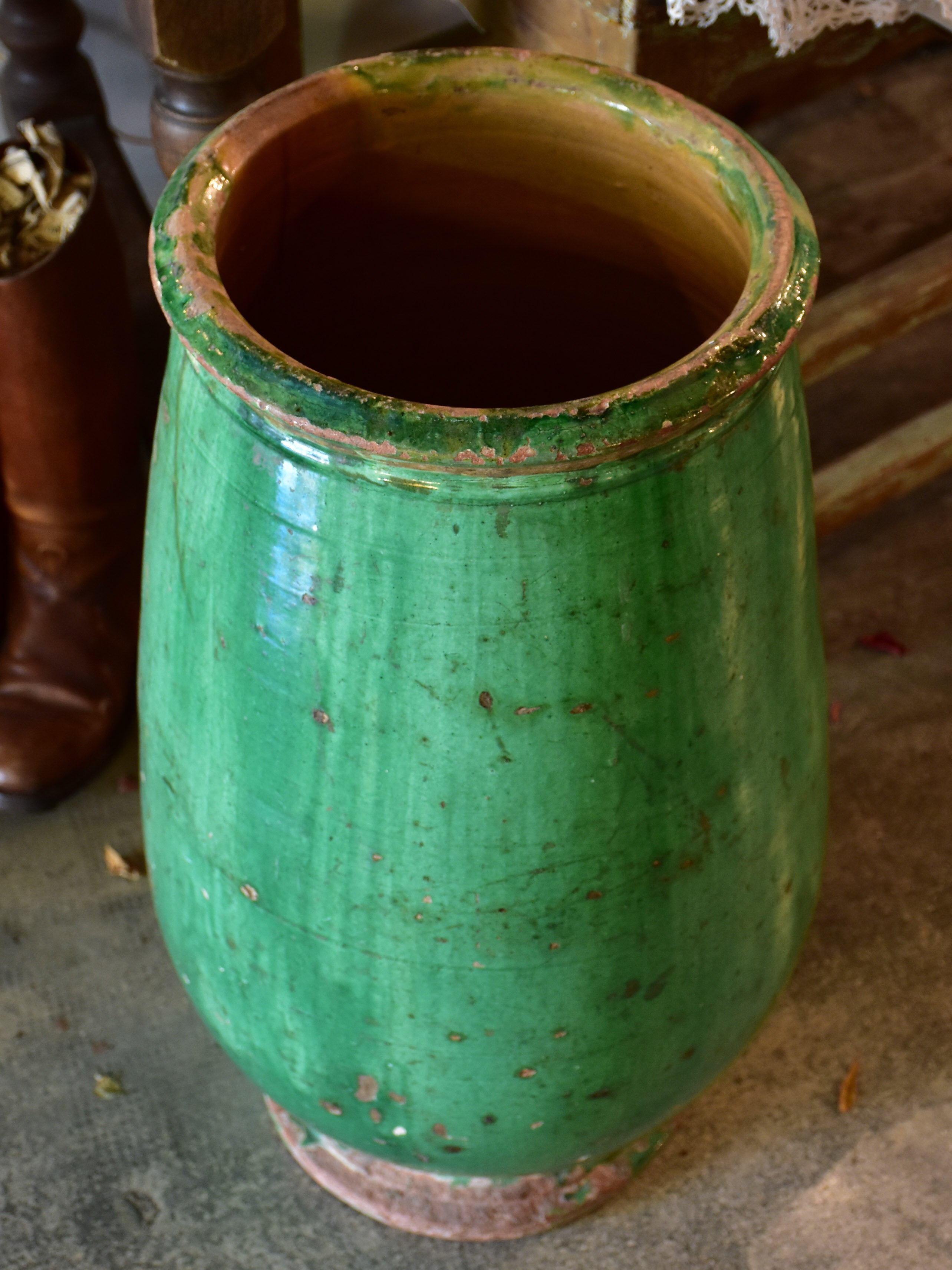 Tall French olive jar with green glaze