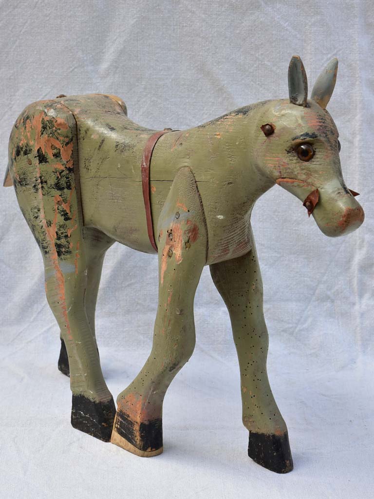 Rustic antique French toy horse with sage green patina 18"