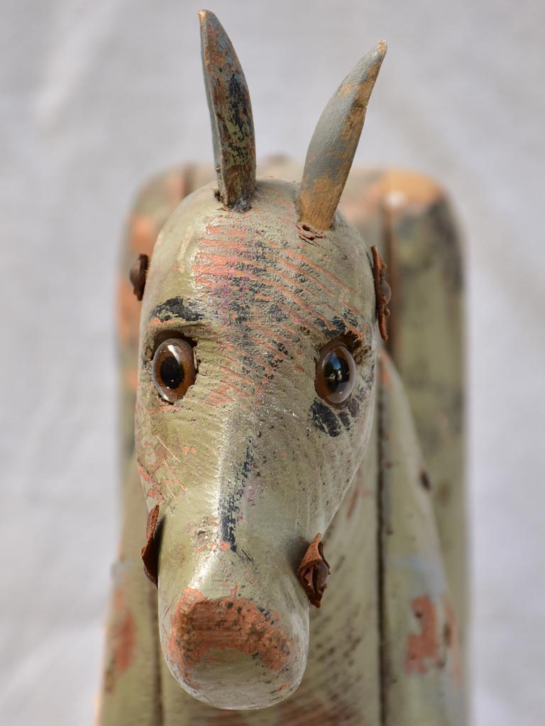 Rustic antique French toy horse with sage green patina 18"