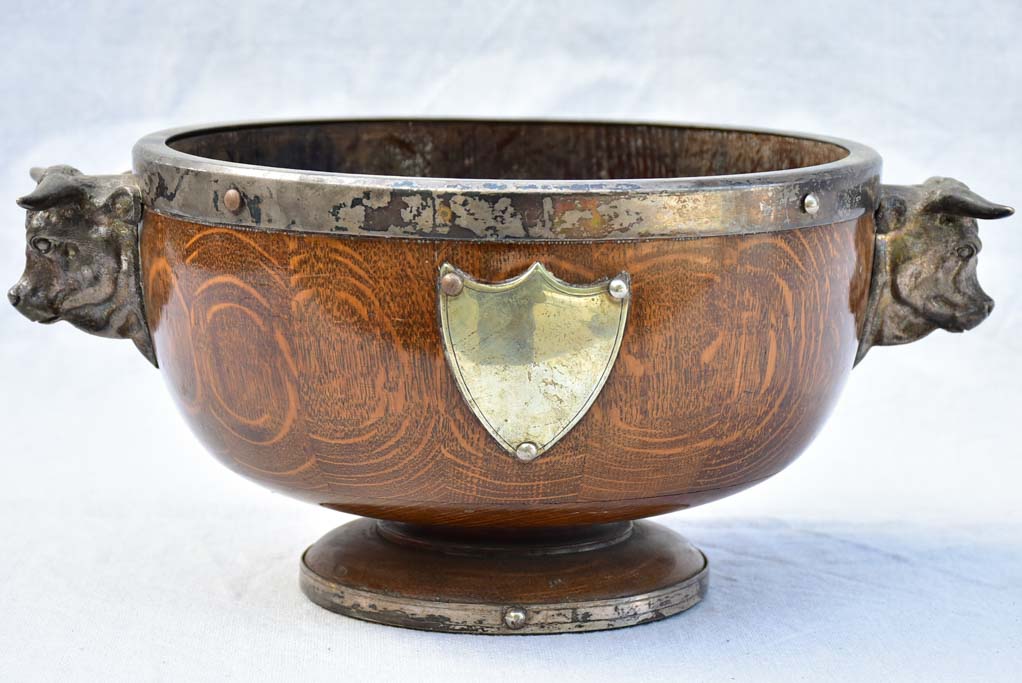 1930's English wooden ice bucket wine cooler with shield and bull's head handles