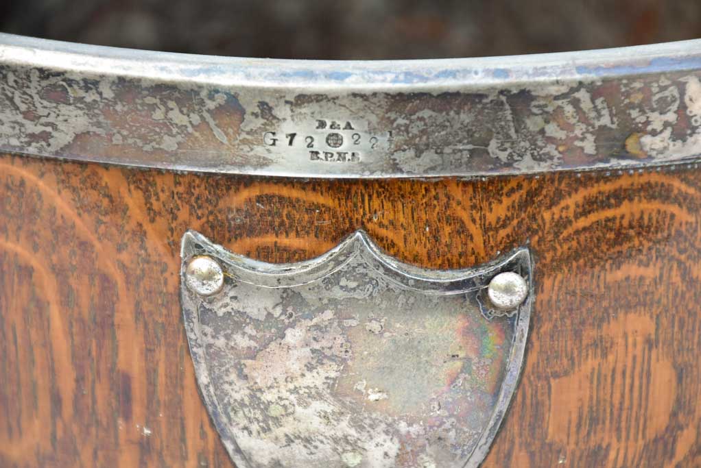 1930's English wooden ice bucket wine cooler with shield and bull's head handles