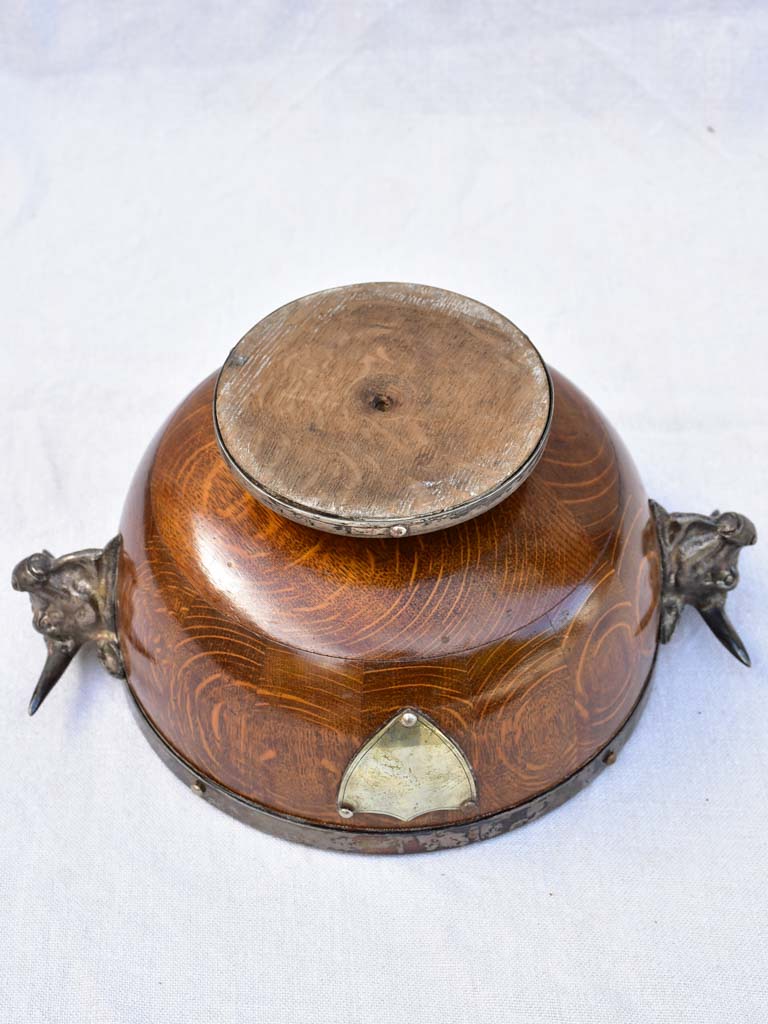 1930's English wooden ice bucket wine cooler with shield and bull's head handles