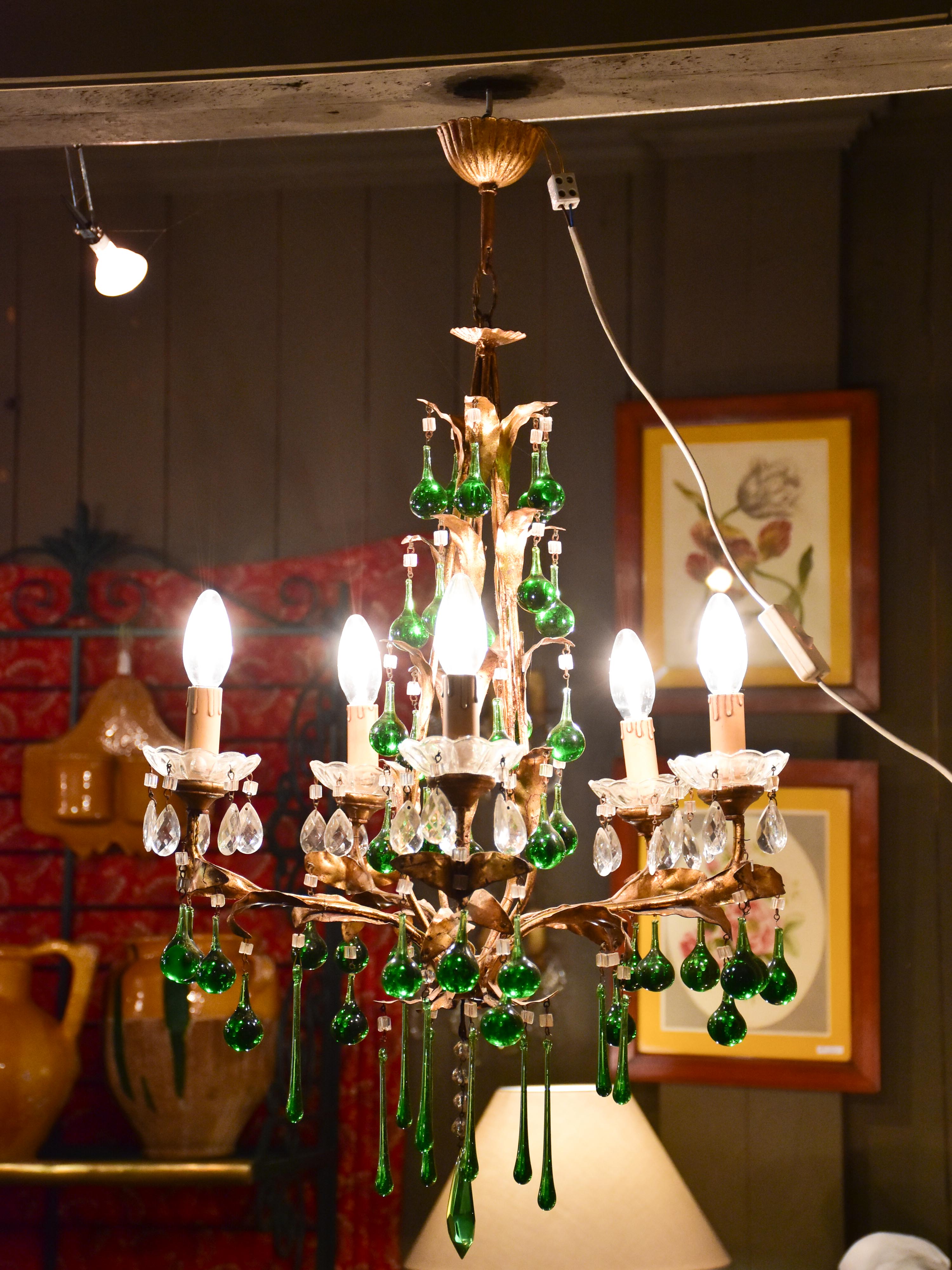 Vintage French gilded chandelier with green glass drops