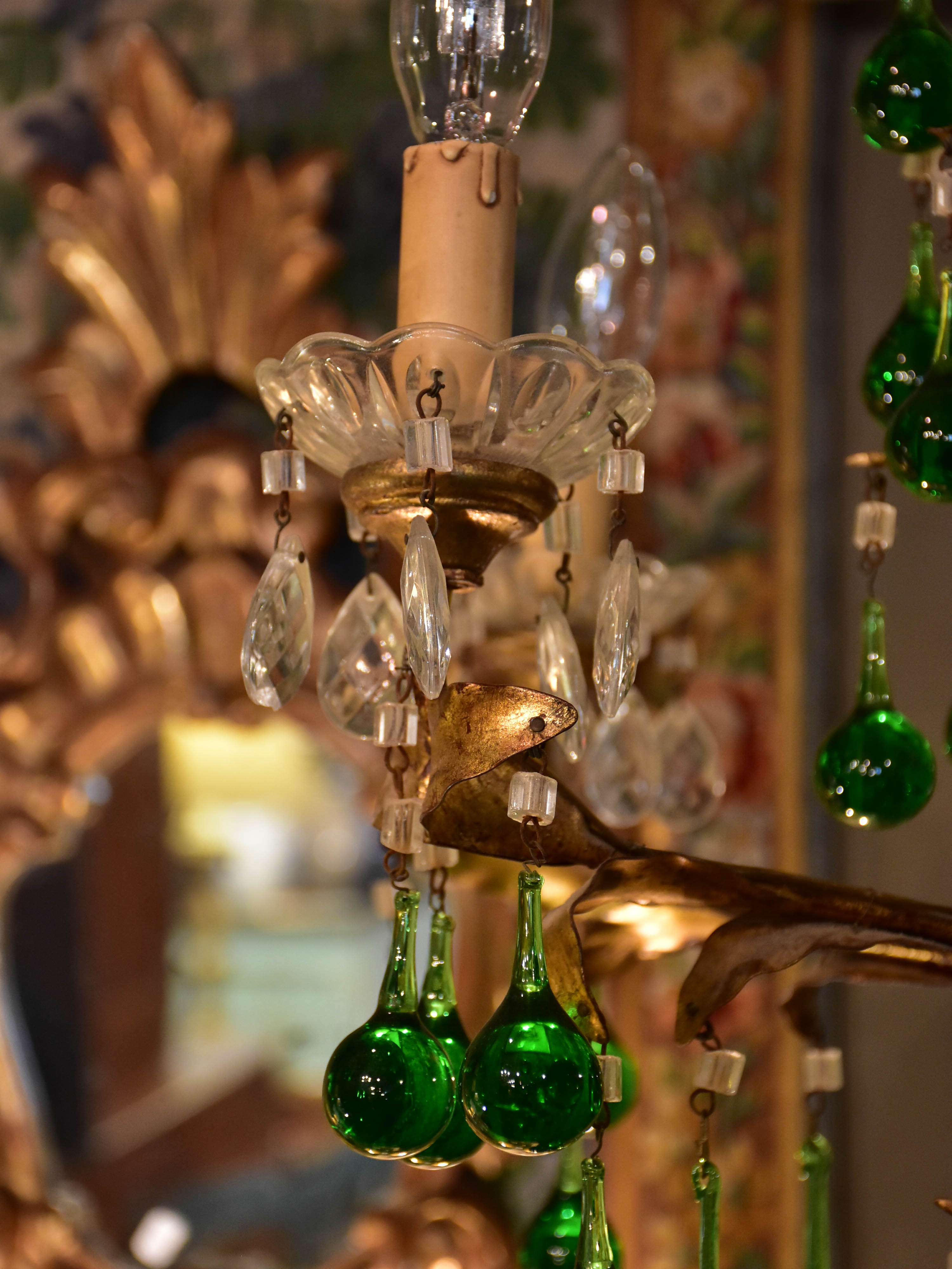 Vintage French gilded chandelier with green glass drops