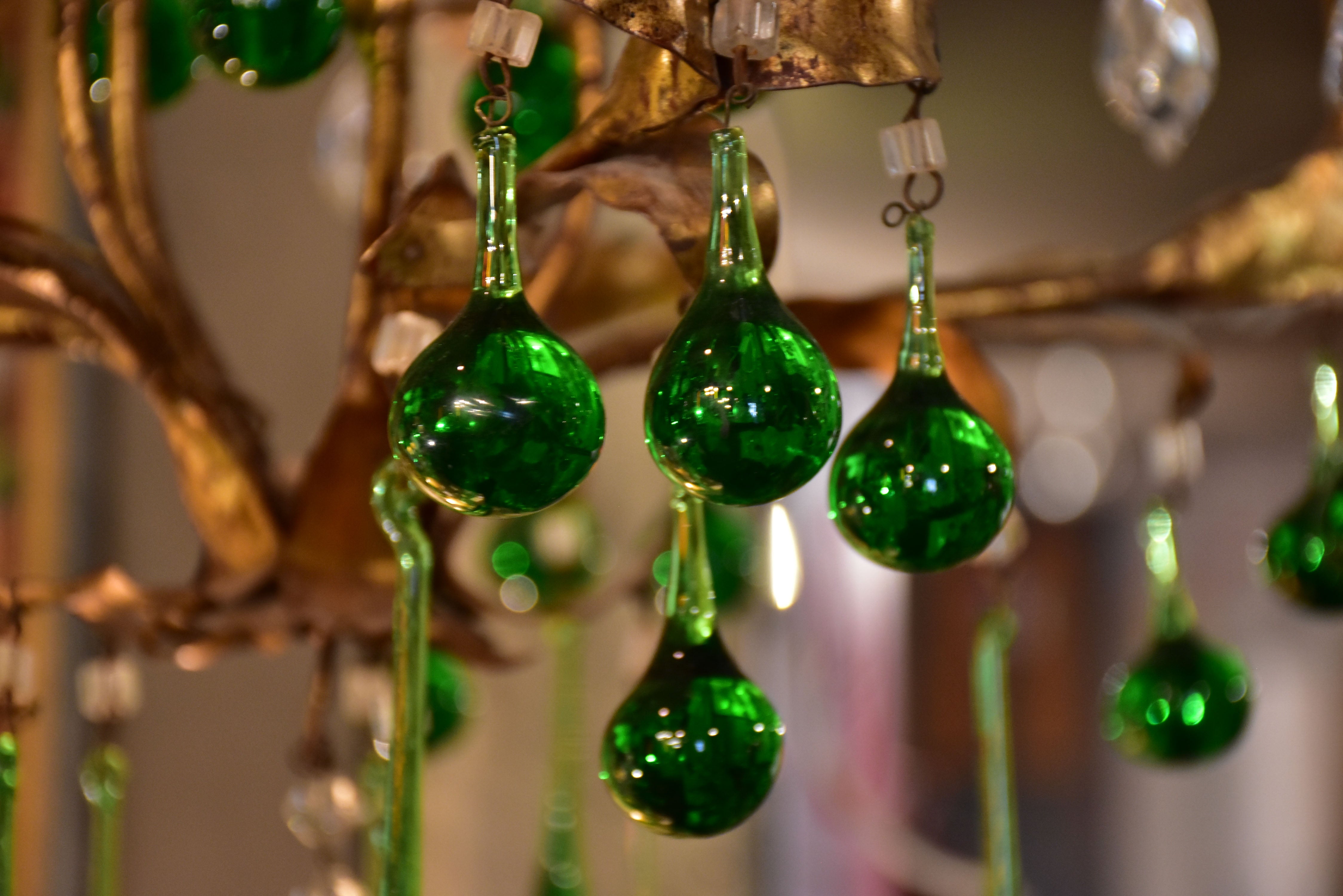 Vintage French gilded chandelier with green glass drops