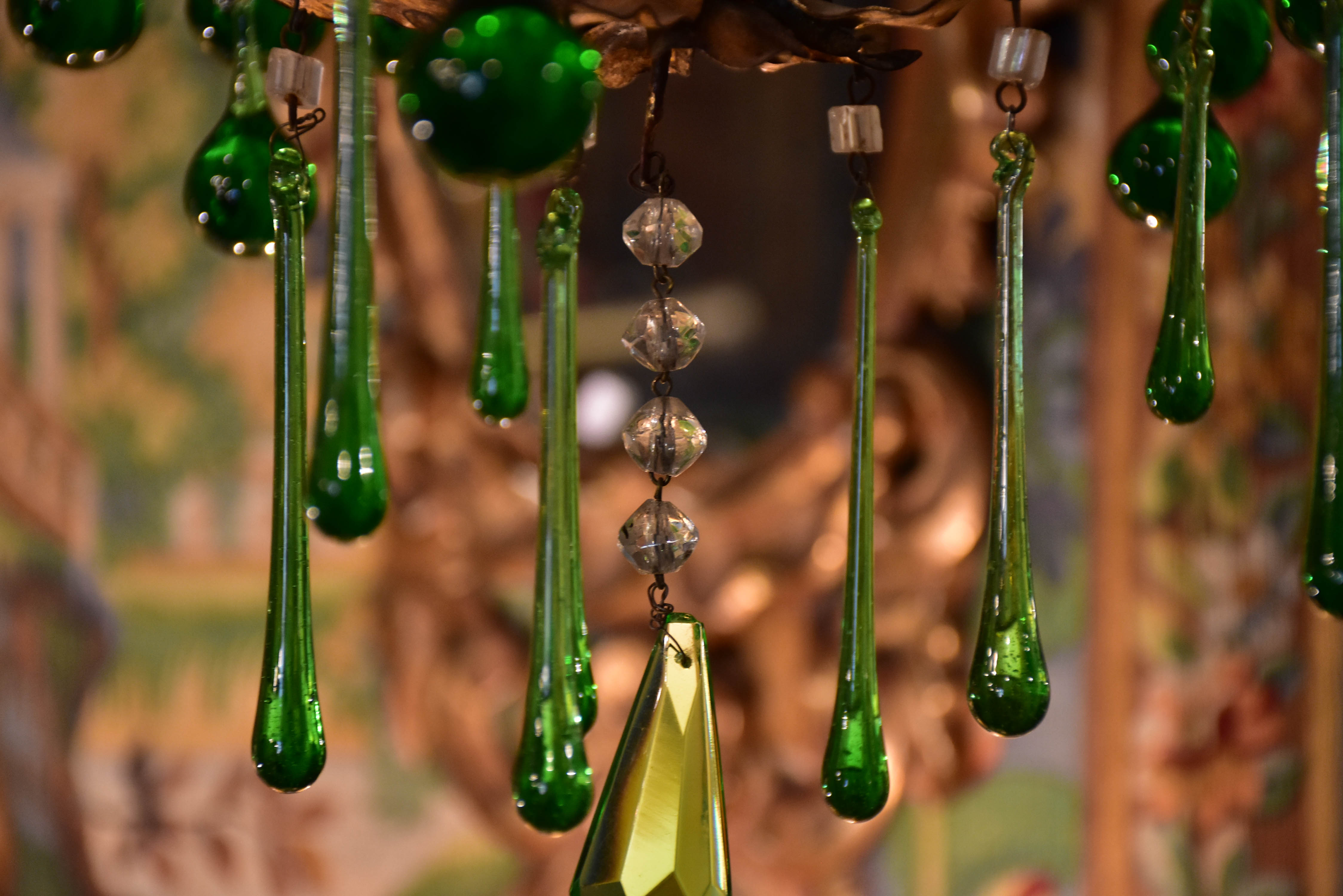 Vintage French gilded chandelier with green glass drops