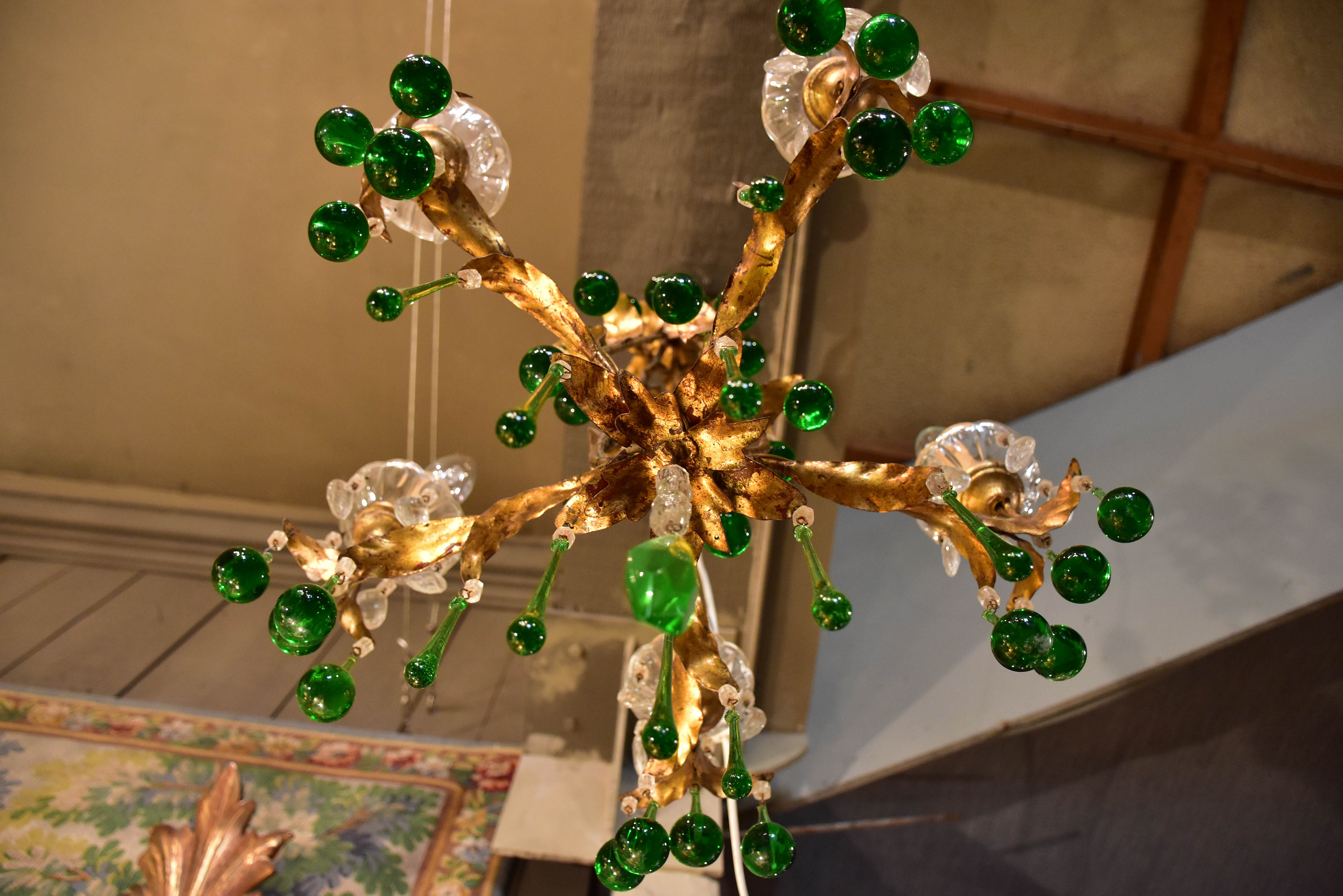 Vintage French gilded chandelier with green glass drops