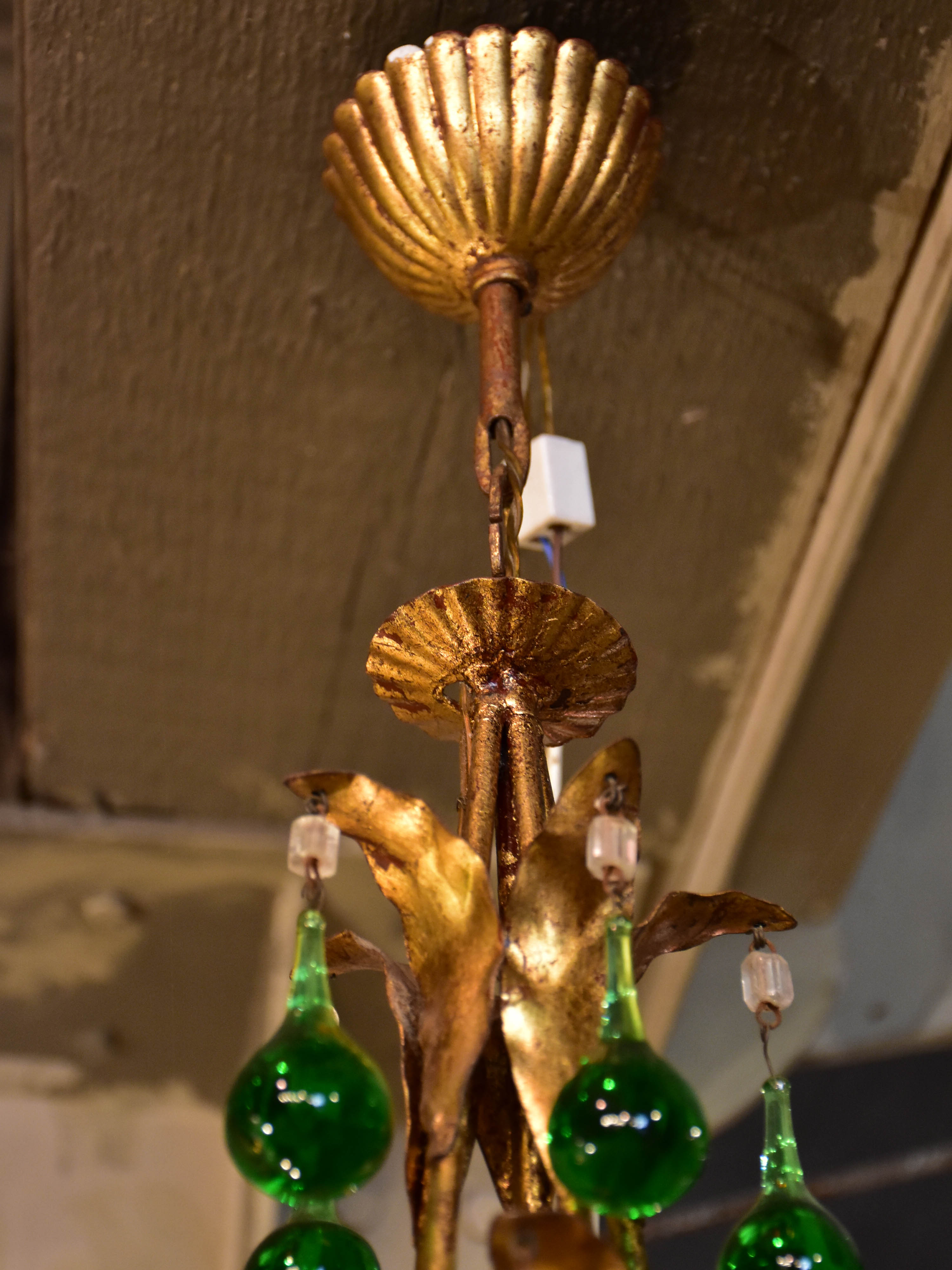 Vintage French gilded chandelier with green glass drops