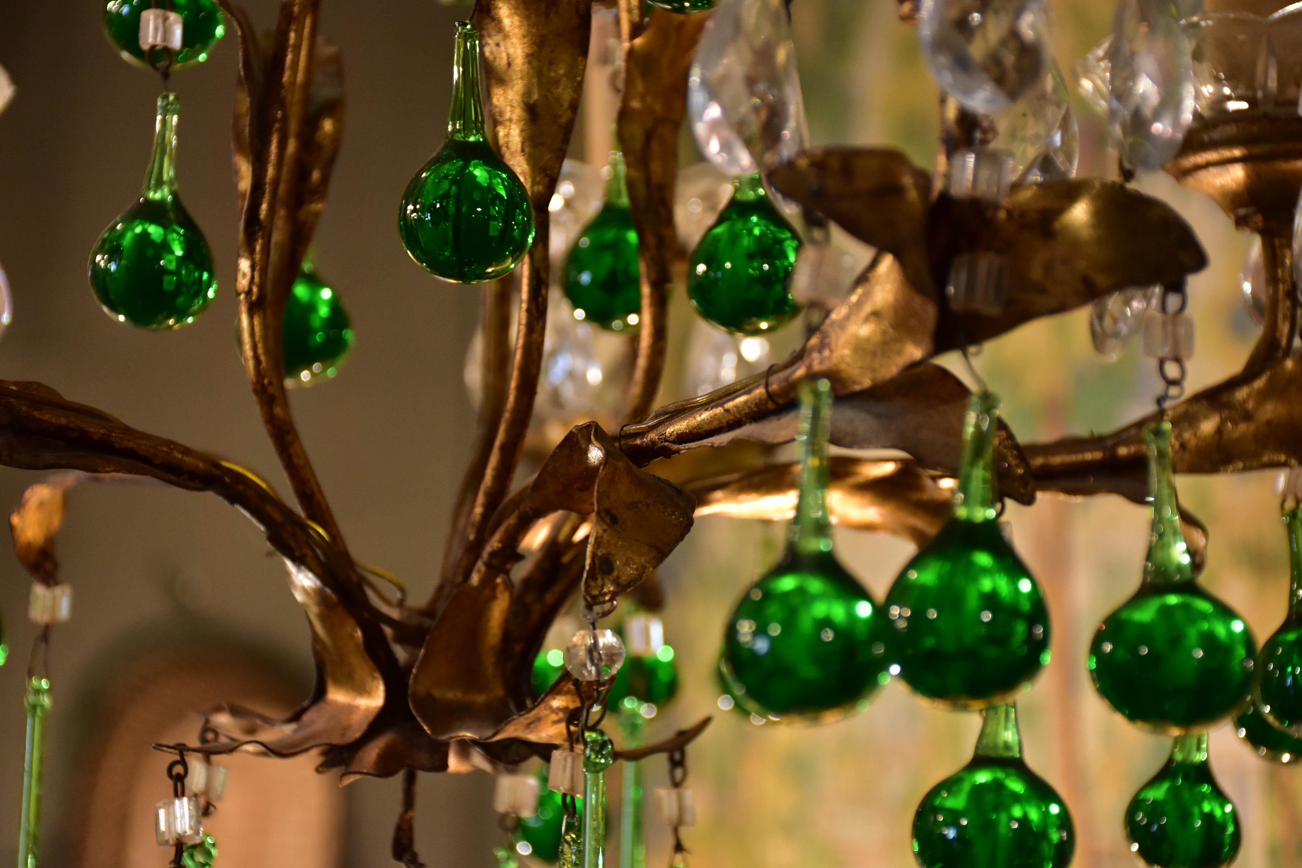 Vintage French gilded chandelier with green glass drops