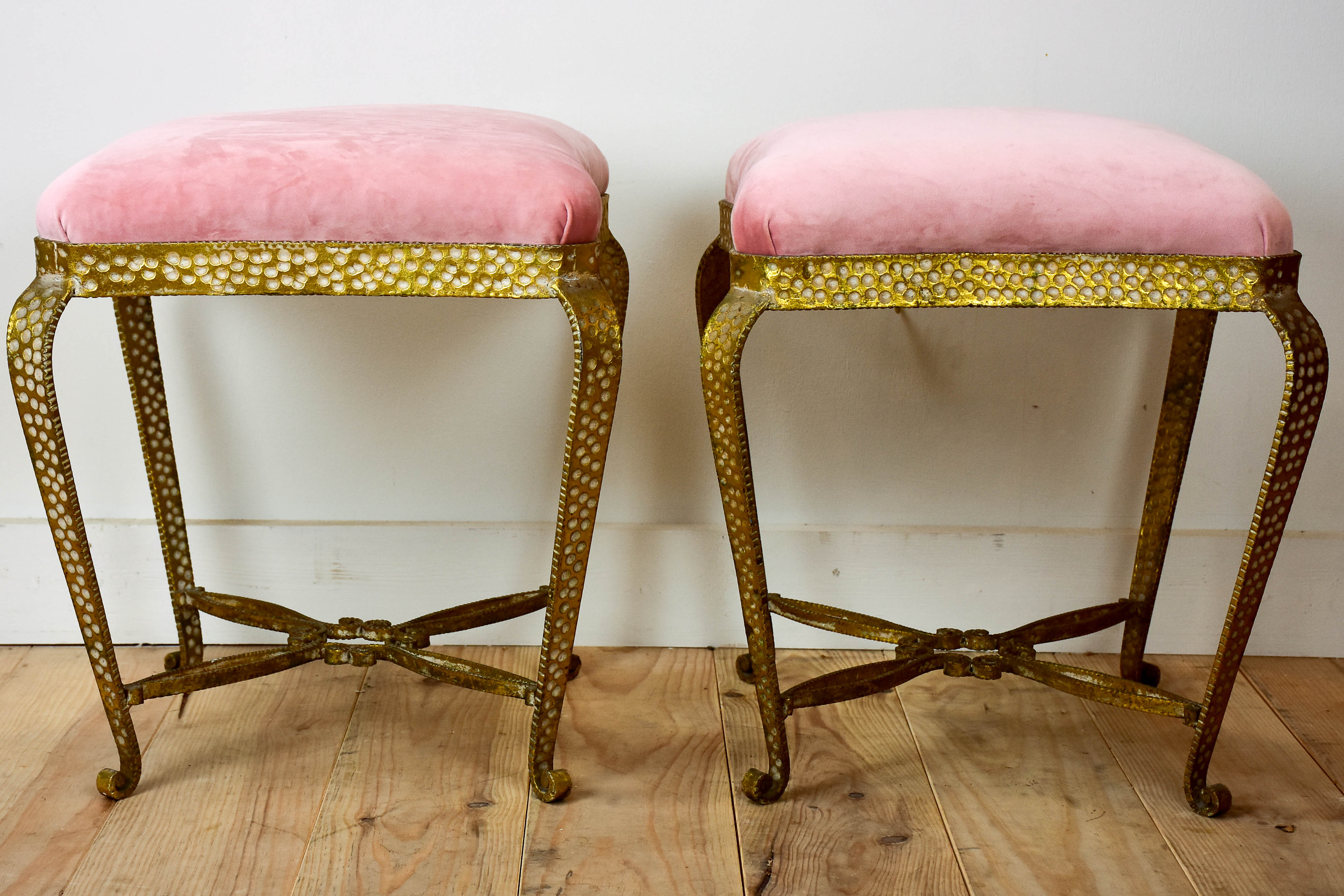 Pair of Pier Luigi Colli stools with pink velour upholstery