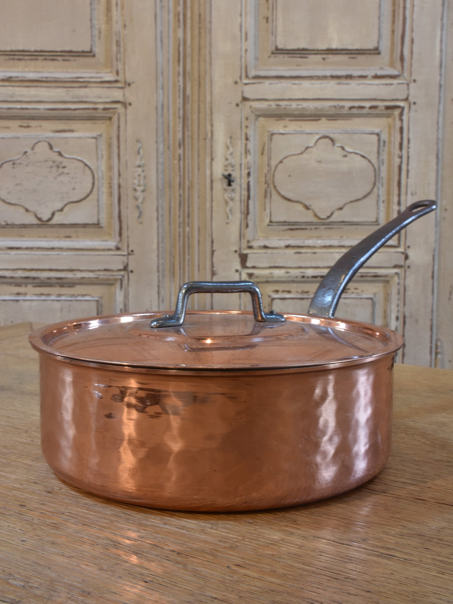 Copper saucepans and frypans, French, set of 7