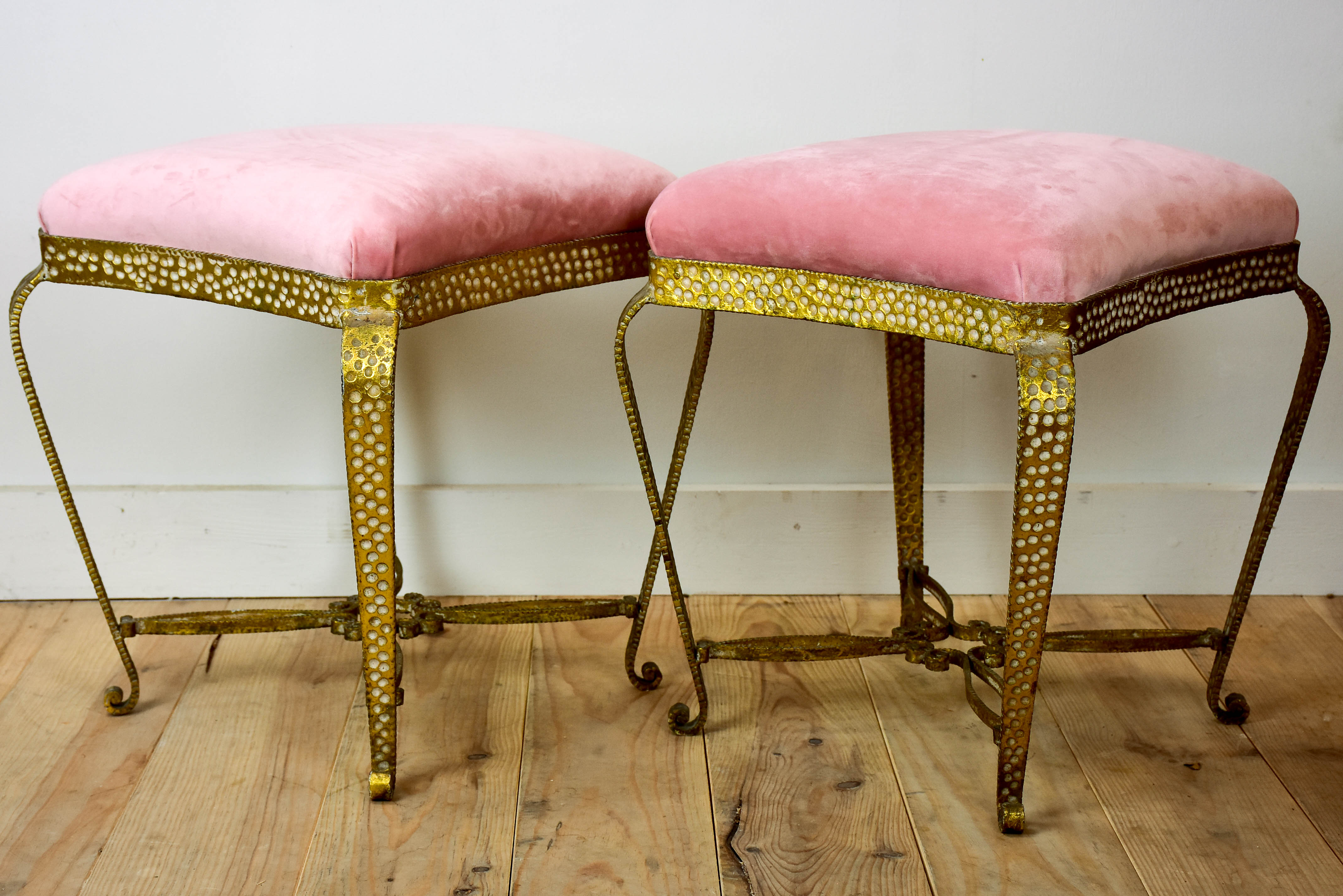 Pair of Pier Luigi Colli stools with pink velour upholstery