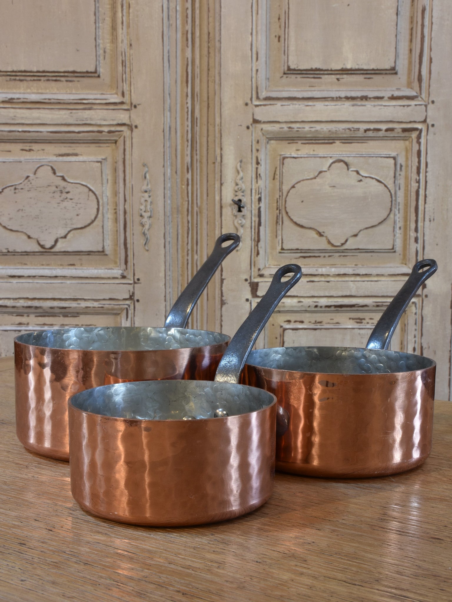 Copper saucepans and frypans, French, set of 7