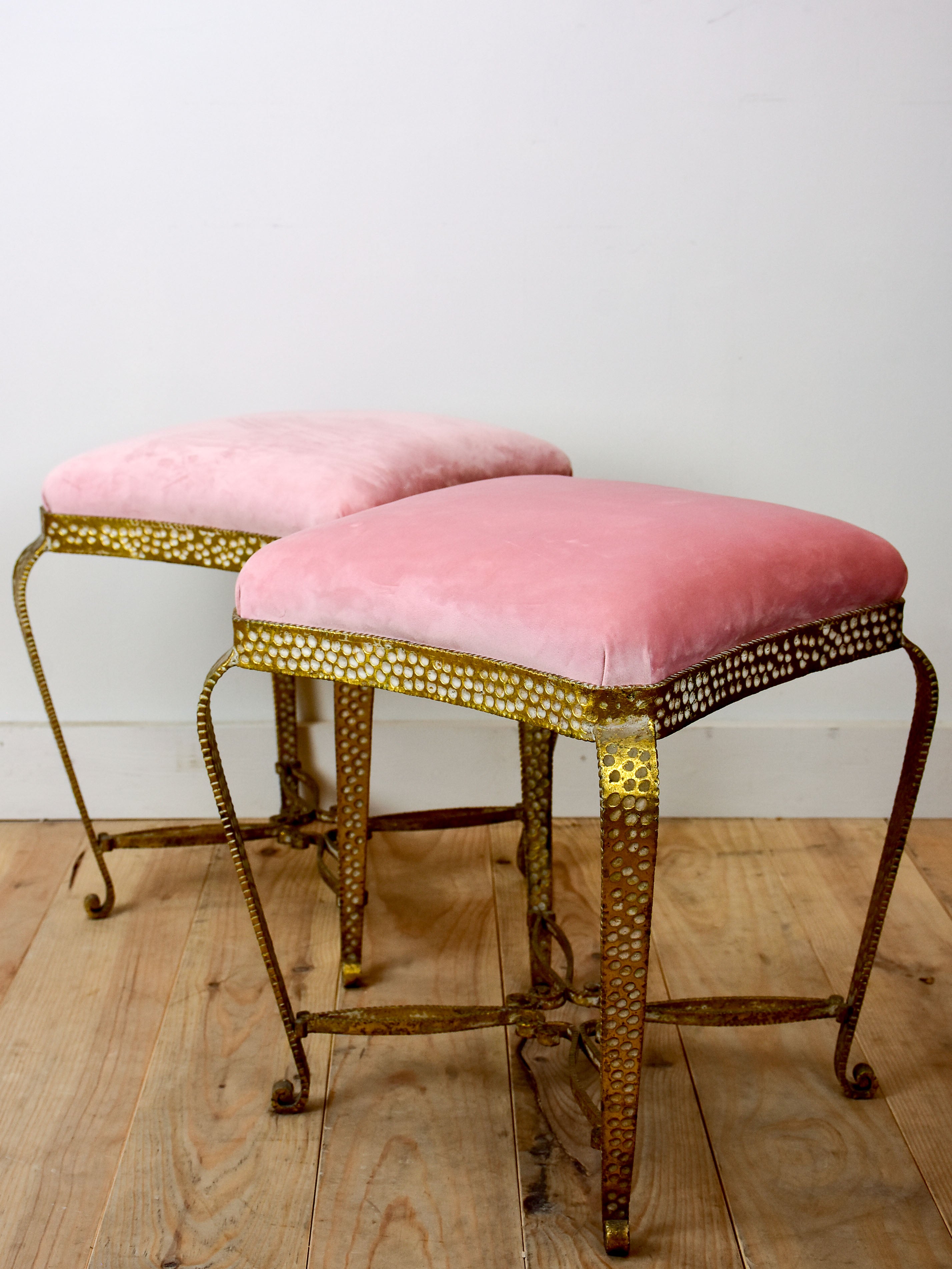 Pair of Pier Luigi Colli stools with pink velour upholstery