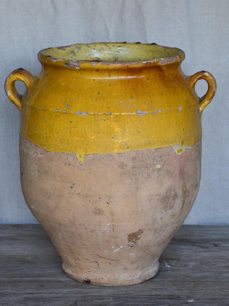 Very large antique French confit pot with yellow glaze 14¼"