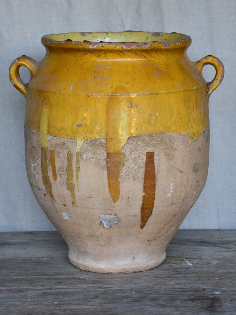 Very large antique French confit pot with yellow glaze 14¼"