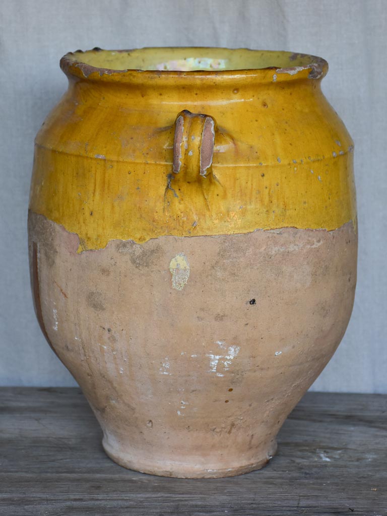 Very large antique French confit pot with yellow glaze 14¼"