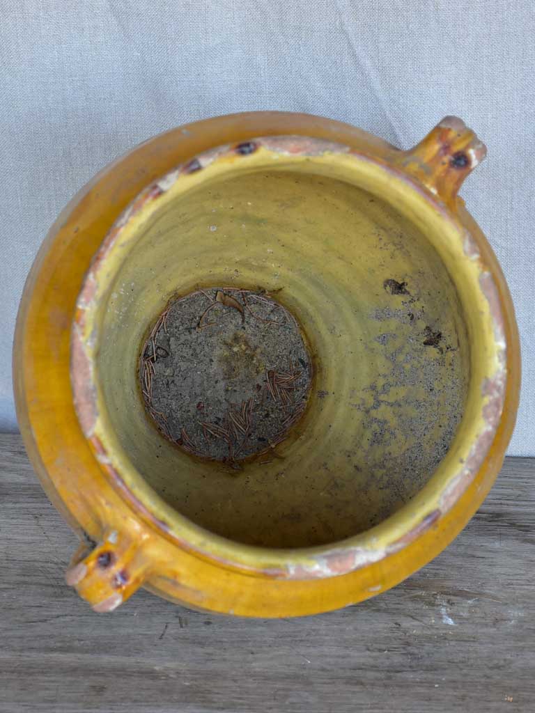 Very large antique French confit pot with yellow glaze 14¼"