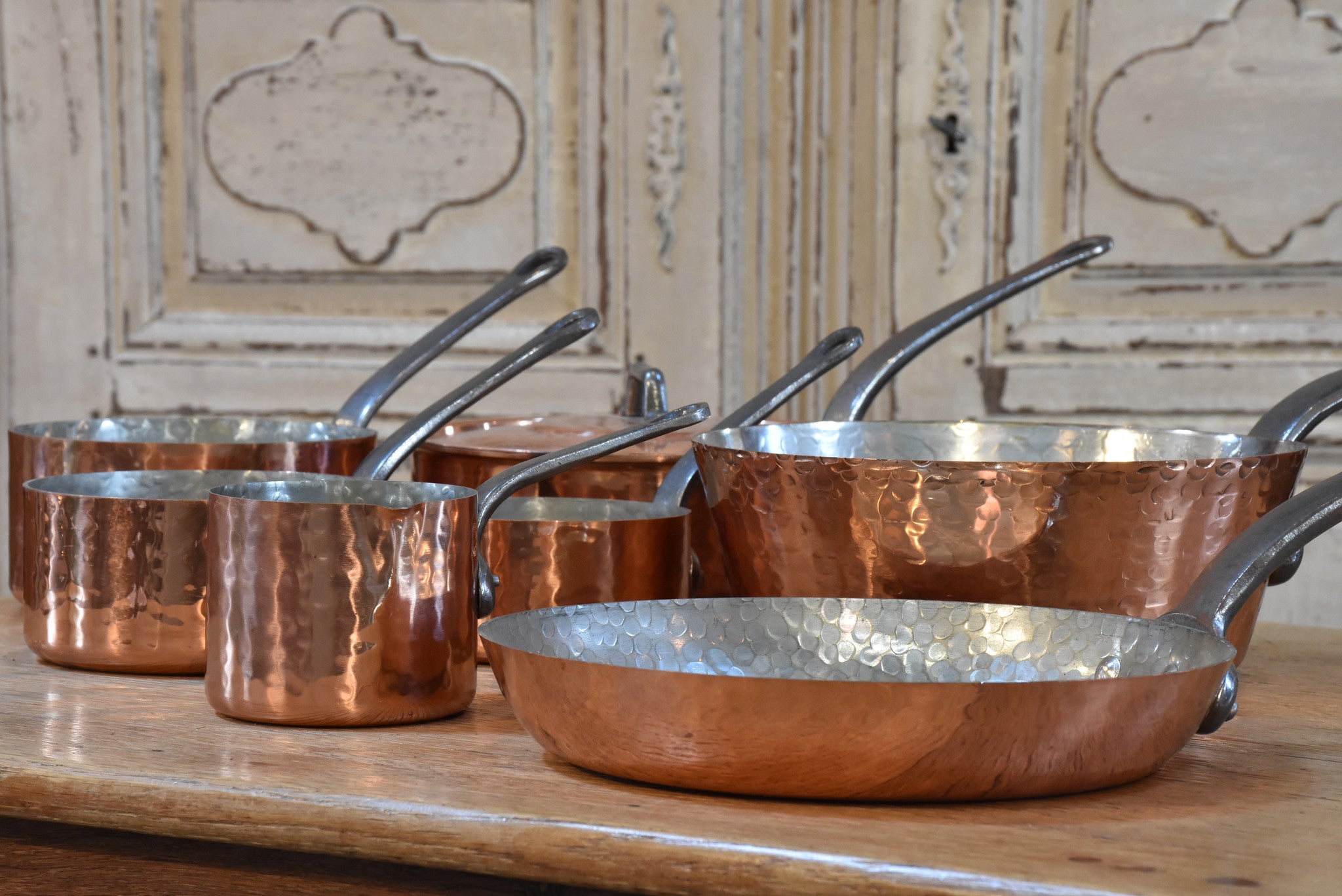 Copper saucepans and frypans, French, set of 7