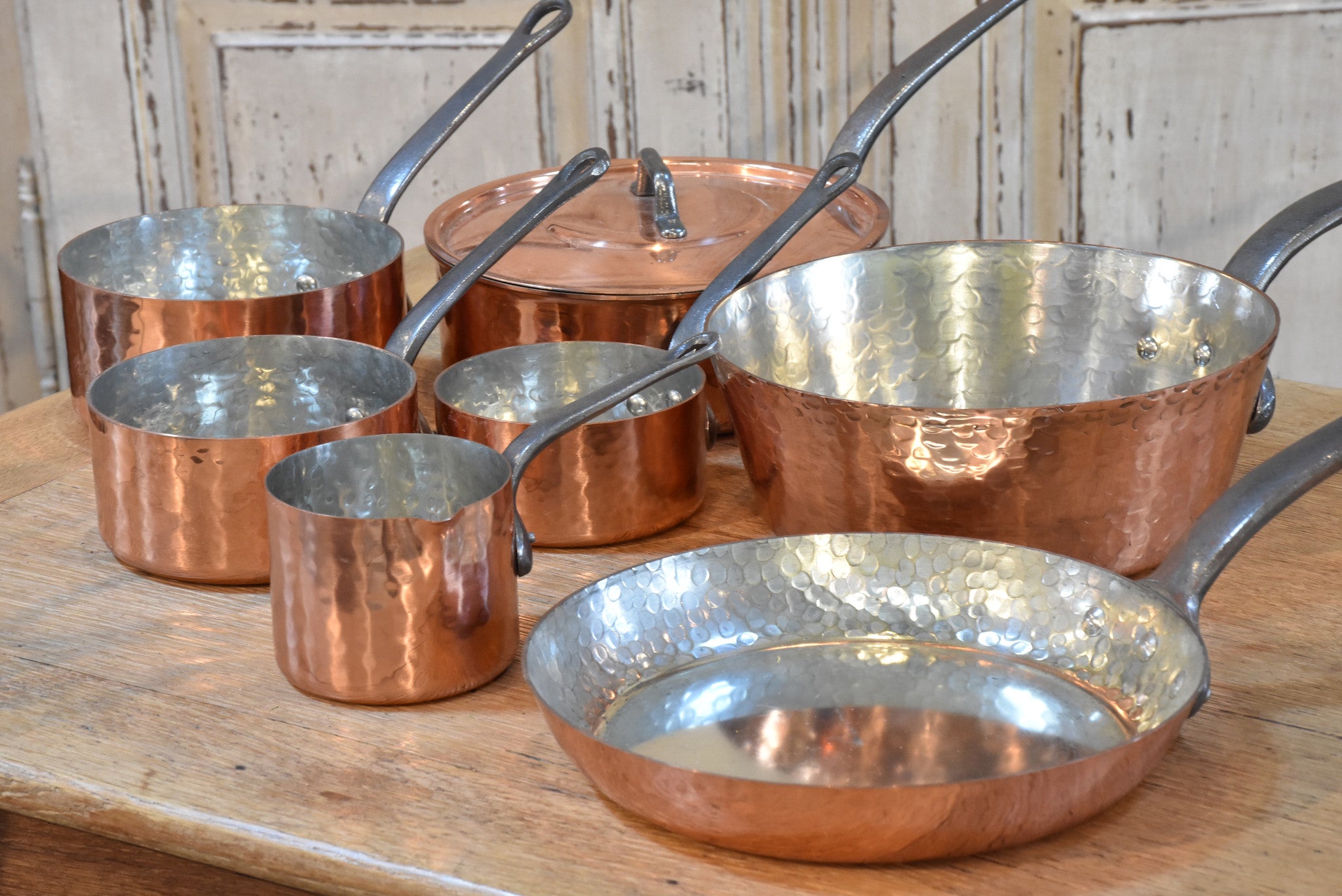 Copper saucepans and frypans, French, set of 7