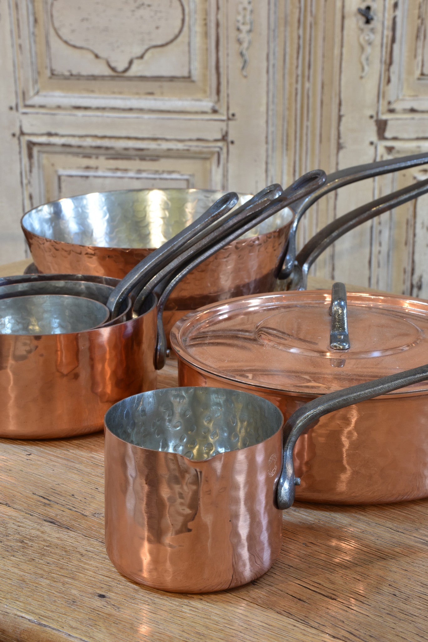 Copper saucepans and frypans, French, set of 7