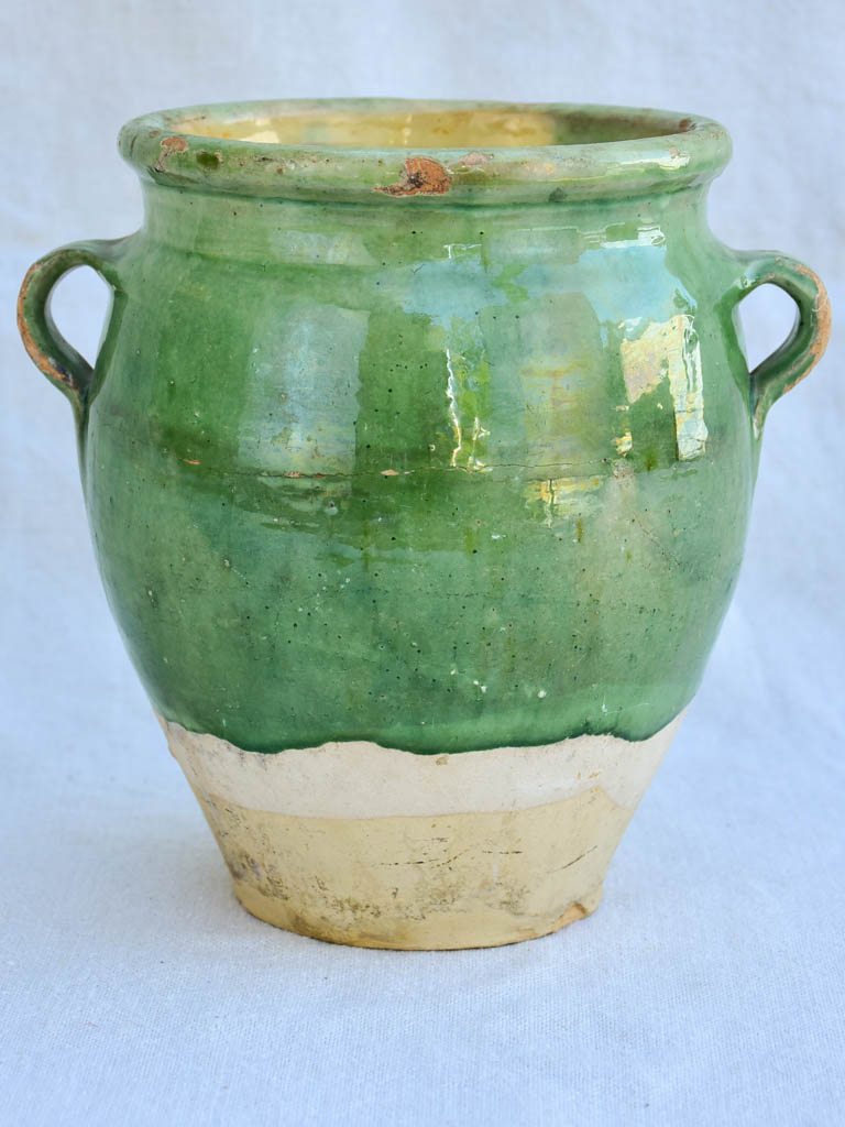 Early 20th century French confit pot with green glaze 8¼"