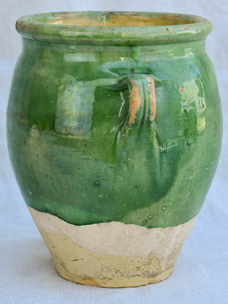 Early 20th century French confit pot with green glaze 8¼"