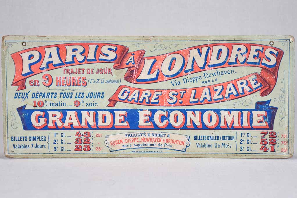 Early 20th-century train ticket sign - Paris to London 7" x 16½"