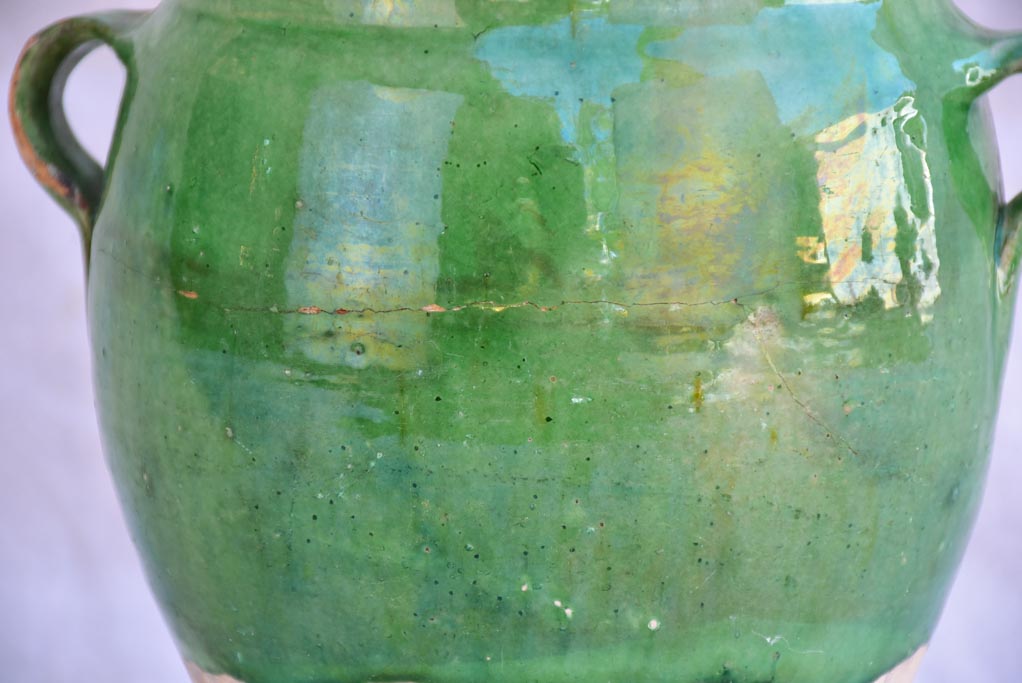 Early 20th century French confit pot with green glaze 8¼"